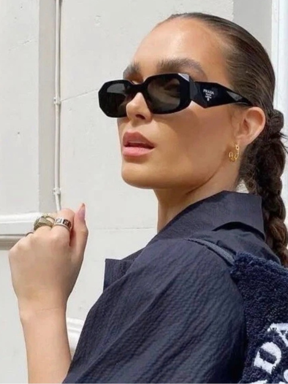 Prada Black Oversized Rectangular Logo Sunglasses